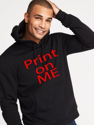 Guy in black hooded sweat shirt, with lettering that says print on me.