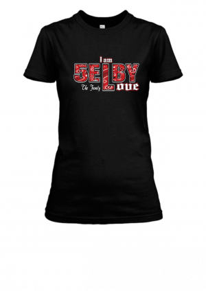 Selby Love Female Fitted black T-shirt with Selby Love across the chest in red bandana fonts