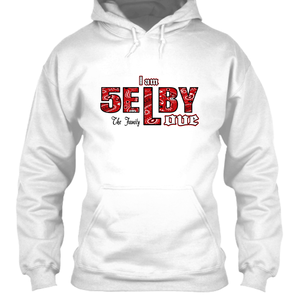 hooded sweatshirt with Selby Love Printed Across chest in red bandana fonts