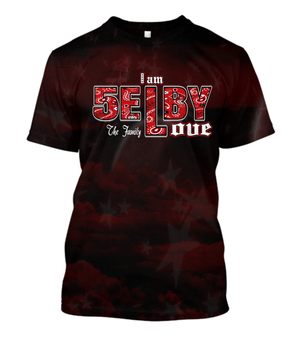 Selby Love All over 3D printed shirt wit red moon, clouds, stars and selby Love printed asross the chest in red bandana fonts