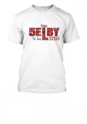 White unisex T-Shirt with Selby Love Printed Across chest in red bandana fonts