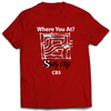 Selby City "Where You At?" Red T-Shirt. Front of shirt has a map of Selby streets with the words "Where You At? above the map and Selby City and the street name under the map.
