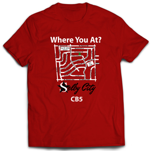 Selby City "Where You At?" Red T-Shirt. Front of shirt has a map of Selby streets with the words "Where You At? above the map and Selby City and the street name under the map.