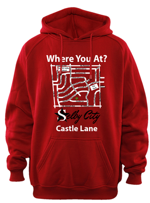 Selby City "Where You At?" Red Hoodie. Front of shirt has a map of Selby streets with the words "Where You At? above the map and Selby City and the street name under the map.