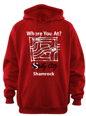 Selby City "Where You At?" Red Hoodie. Front of shirt has a map of Selby streets with the words "Where You At? above the map and Selby City and the street name under the map.